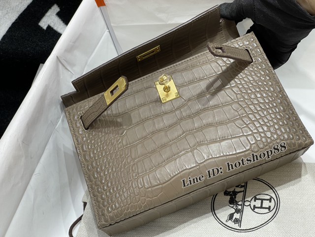 Hermes專櫃經典款凱莉mini手提女包 愛馬仕Kelly一代22CM霧面美洲鱷大象灰金扣純手工包 zhh1139